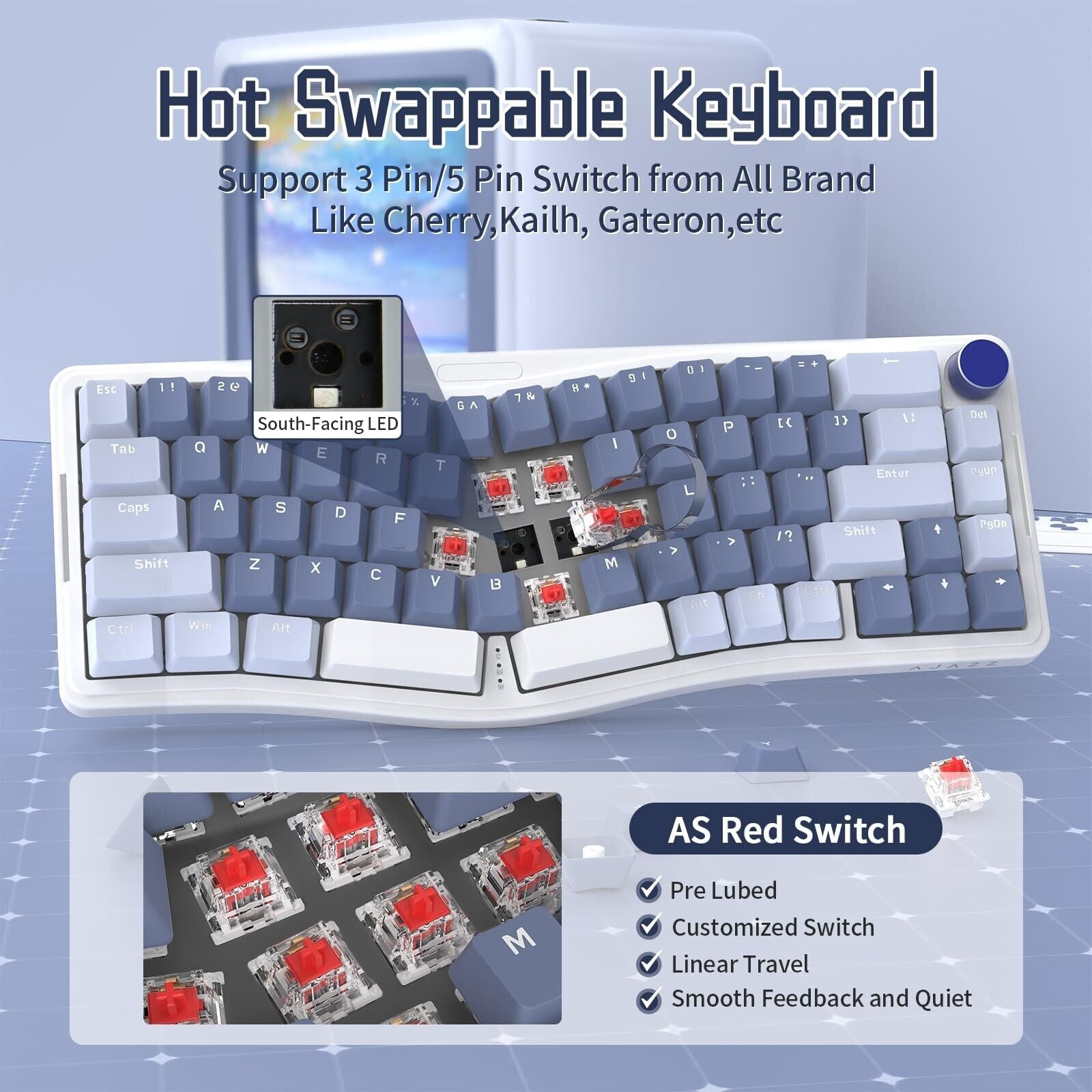 AKS068 Wired Mechanical Gaming Keyboard 65% Alice Layout Hot-Swapped Gasket M...