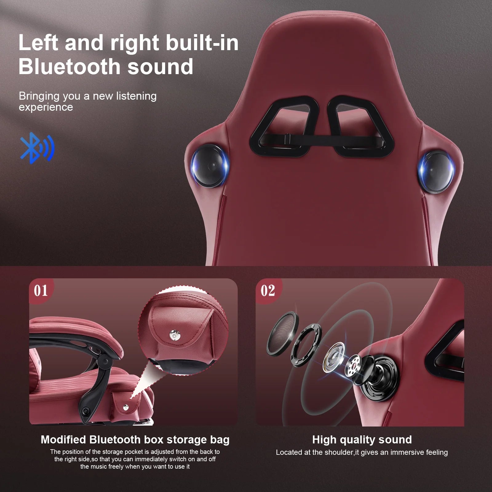 Gtplayer Pro Gaming Chair with Footrest, Dual Bluetooth 5.1 Speakers PVC Leather Recliner, Winered