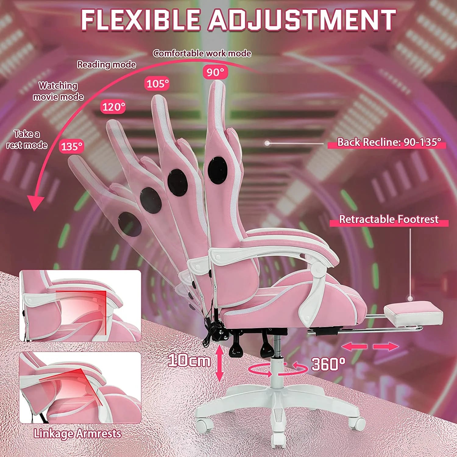 Gaming Chair with Bluetooth Speakers and Footrest Massage Office Chair with LED Lights Ergonomic Game Chair High Back with Lumbar Support and Headrest Adjustable Swivel for Adults 300Lb