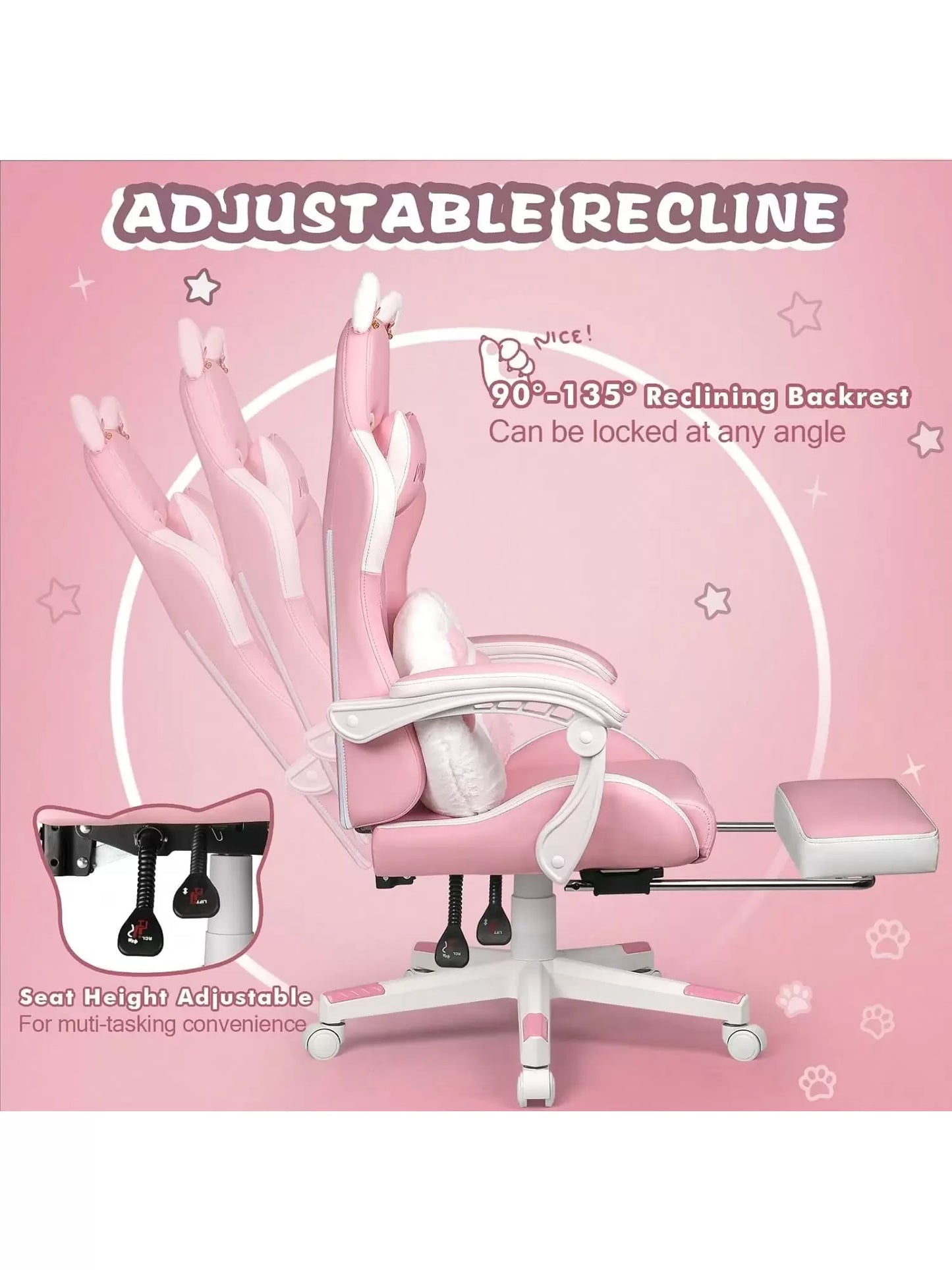 VITESSE Pink Gaming Chair | Cat Ears, Cat Paw Cushion Pillow, Footrest, Ergonomic, Kawaii, Reclining | Girl, Cute Video Gme Chair, Gift for Girls, Christmas Thanksgiving Cyber Monday Gift
