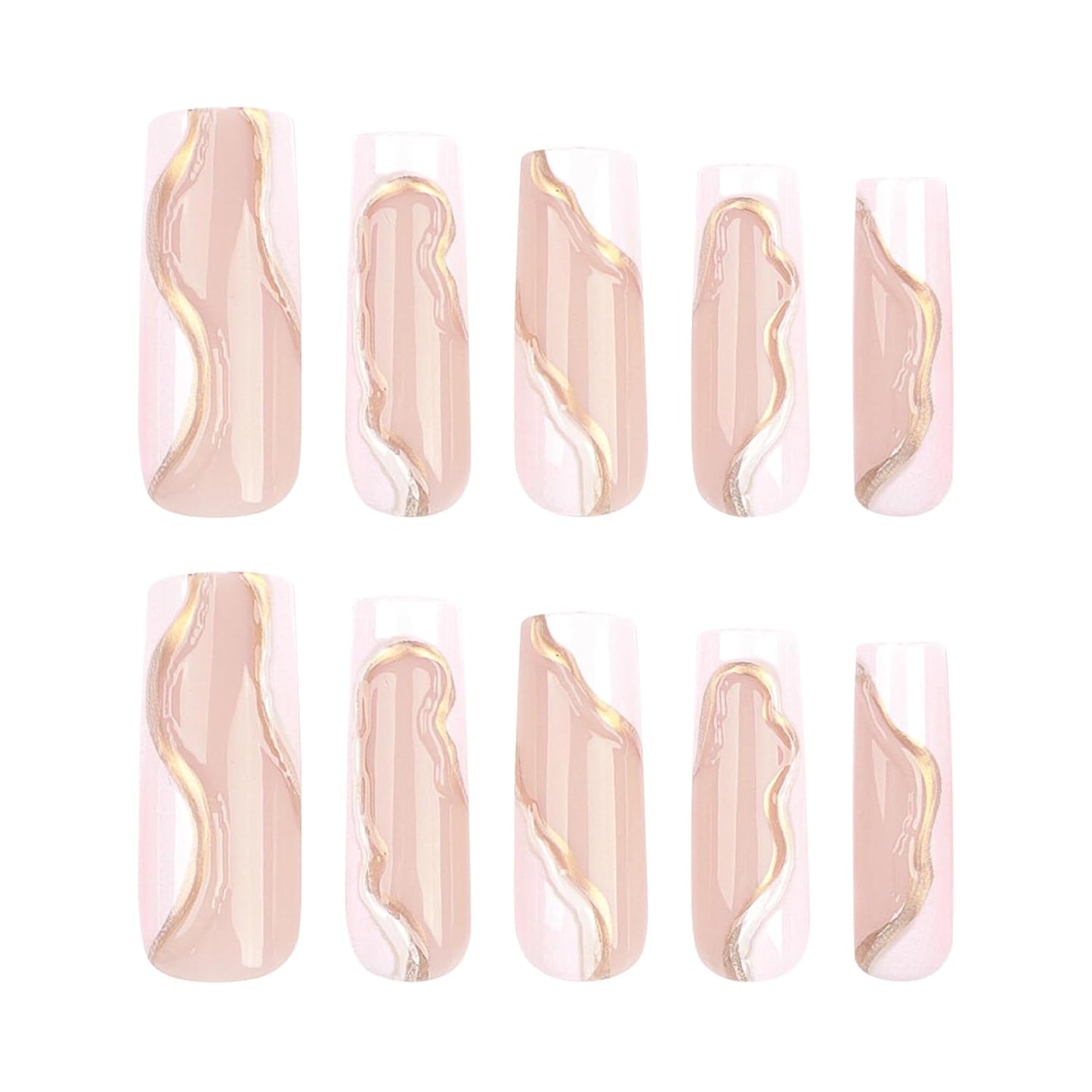 Press on Nails Extra Long - Aegenacess Square Press on Nails with 3D Gold Swirls, White and Nude Fake Nails with Glue Sticker, Handmade Stick on Nails False Nail in 12 Sizes, 24Pcs