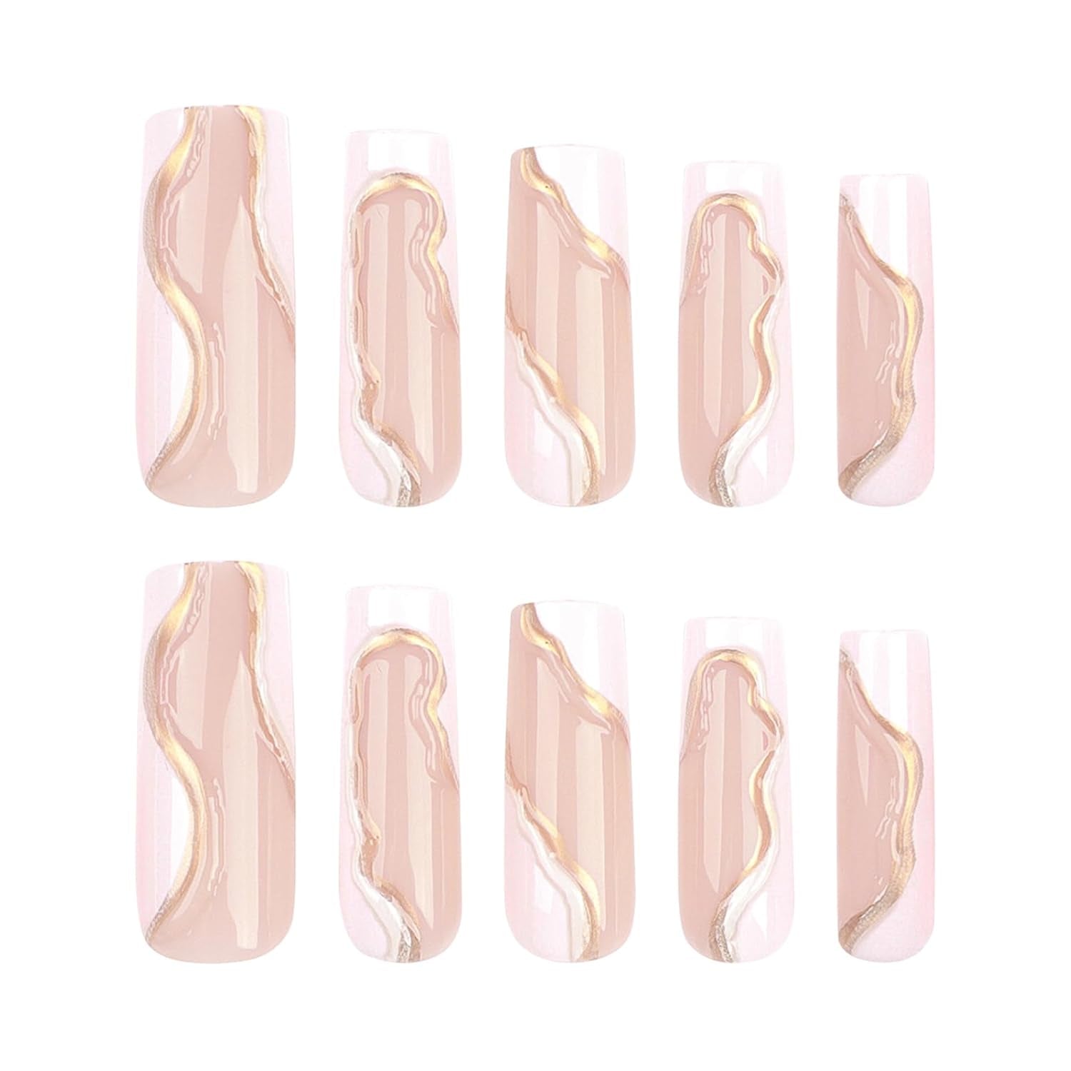 Press on Nails Extra Long - Aegenacess Square Press on Nails with 3D Gold Swirls, White and Nude Fake Nails with Glue Sticker, Handmade Stick on Nails False Nail in 12 Sizes, 24Pcs
