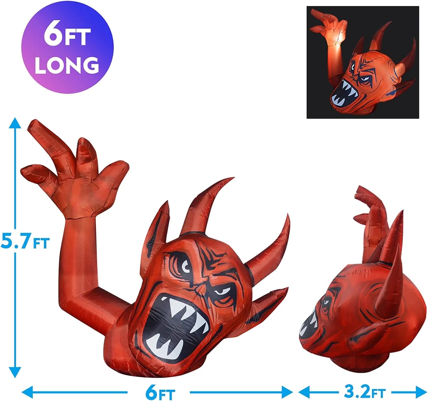 Halloween Inflatables 6 FT Halloween Devil Inflatable Raising Hand with Built-In LED Lights, Scary Devil Halloween Inflatable, Outdoor Halloween Decorations for Halloween Holiday Party