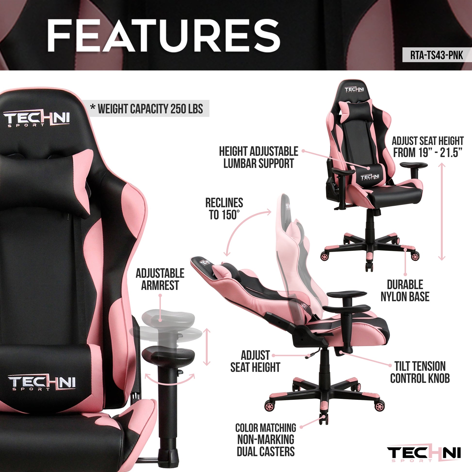 TS-4300 Ergonomic High Back Racer Style PC Gaming Chair with Memory Foam Seat, Pink RTA-TS43-PNK