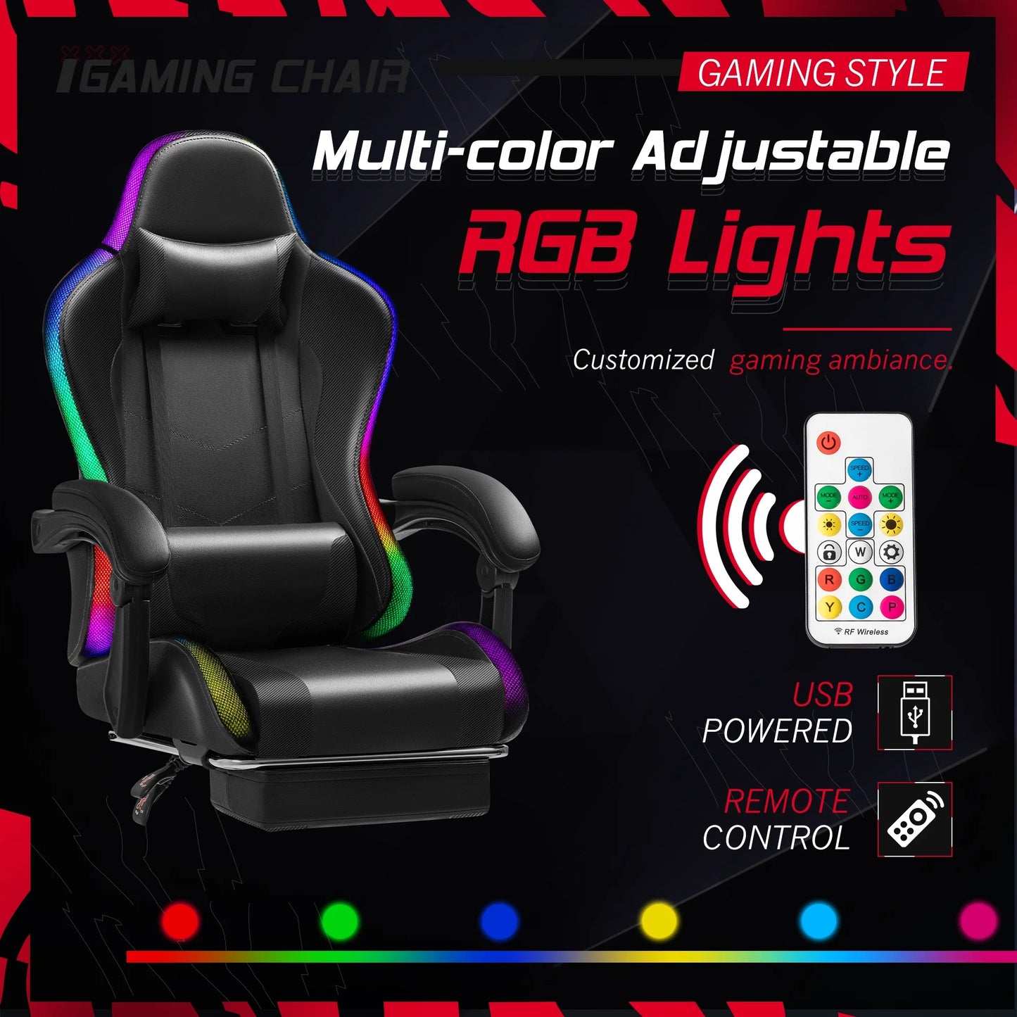 Homall RGB Gaming Chair with Massage and LED Lights Ergonomic Computer Chair with Footrest E-Sports Chair with Adjustable Lumbar Support Reclining Video Game Chair, Black