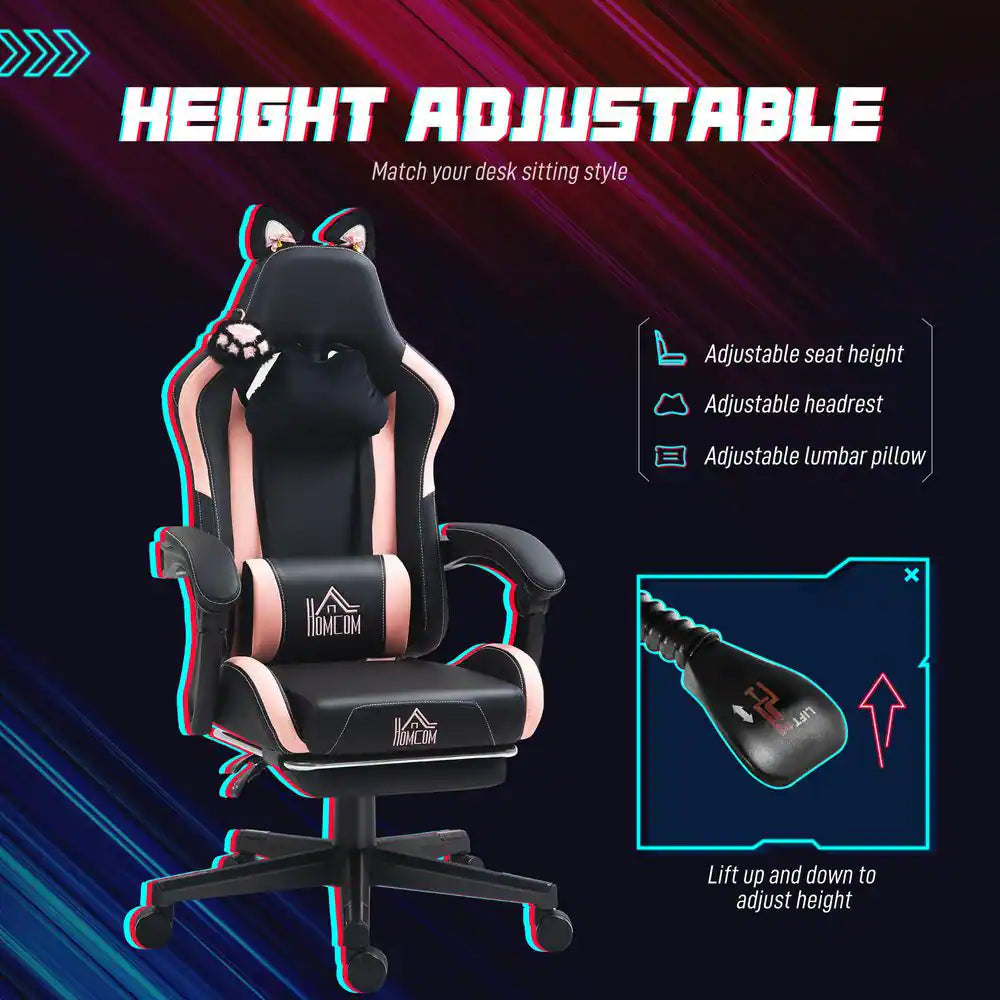 Faux Leather Cat Ear, Pillow, Adjustable Height, Tilt Gaming Chair in Black and Pink