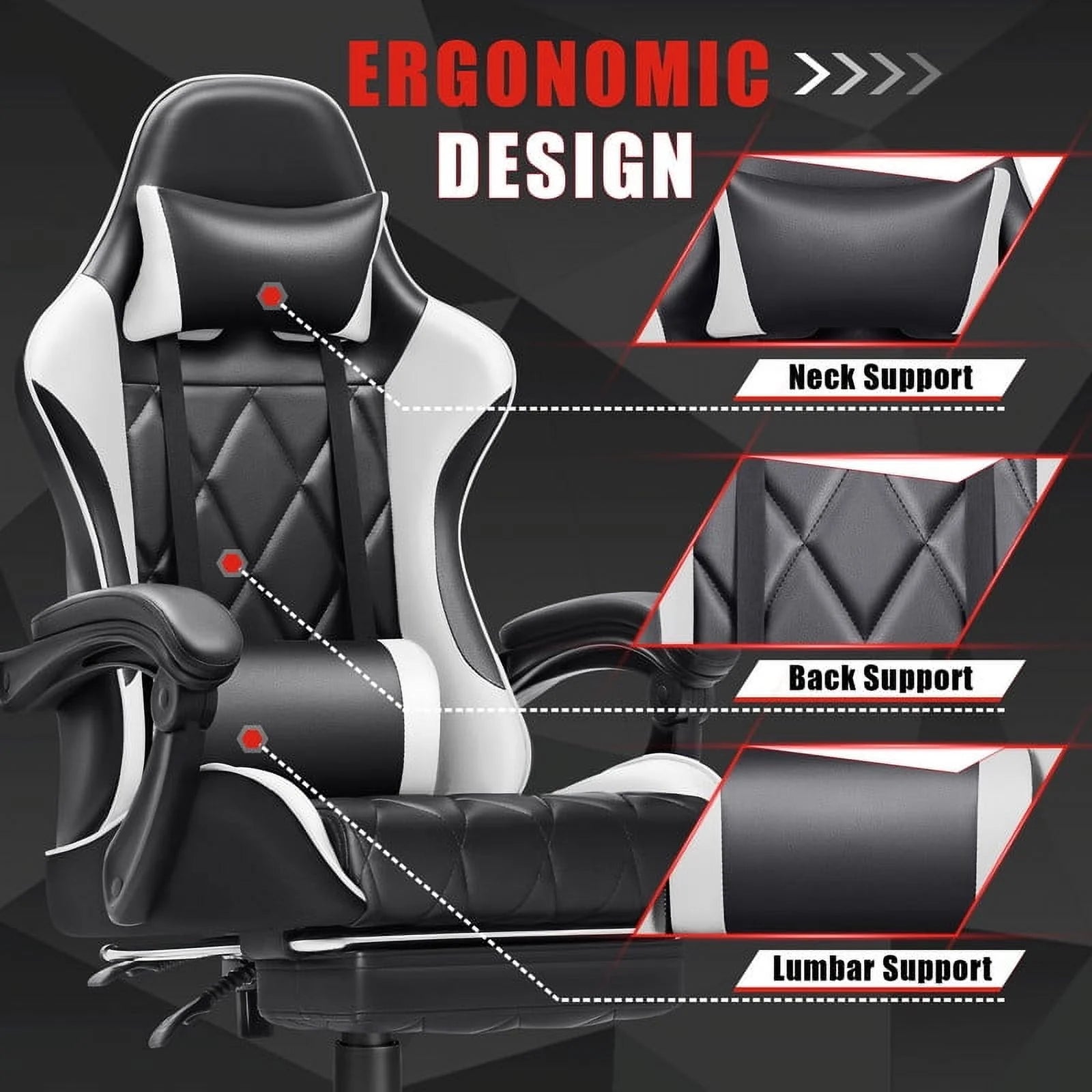 Gaming Chair Massage Office Chair Computer Racing Chair High Back PU Leather Chair, White