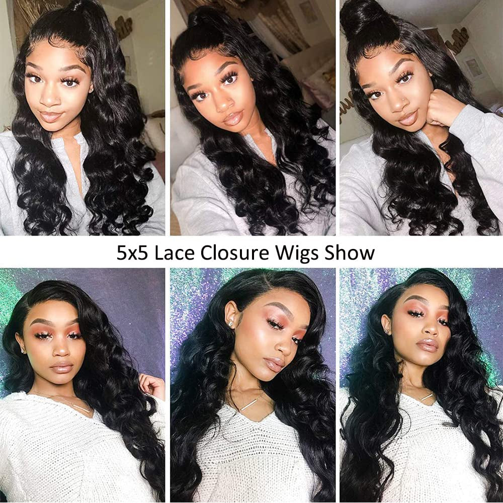 5X5 Closure Wig Body Wave Human Hair 5X5 HD Lace Closure Wigs Human Hair Brazilian Virgin Hair Wigs for Black Women Human Hair Glueless Wigs Pre Plucked with Baby Hair 180% Density 28Inch