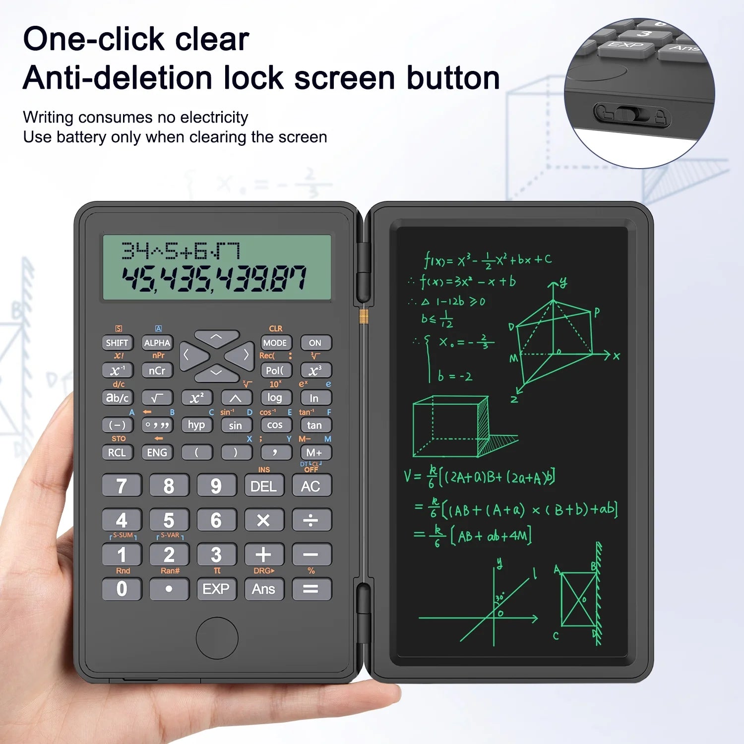 Scientific Calculator with Erasable Writing Board，10-Digit LCD Display Foldable Desk Calculator, 2 Line Physics Calculator for School Students, Financial, Office, Business, Engineering