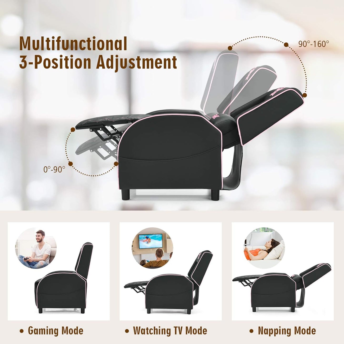 Gaming Chair Recliner with Footrest Breathable PU Leather Massage Recliner - Ergonomic Sofa Computer Chair with Lumbar Support Headrest and Side Pouch for Living Room Home Theater,Pink