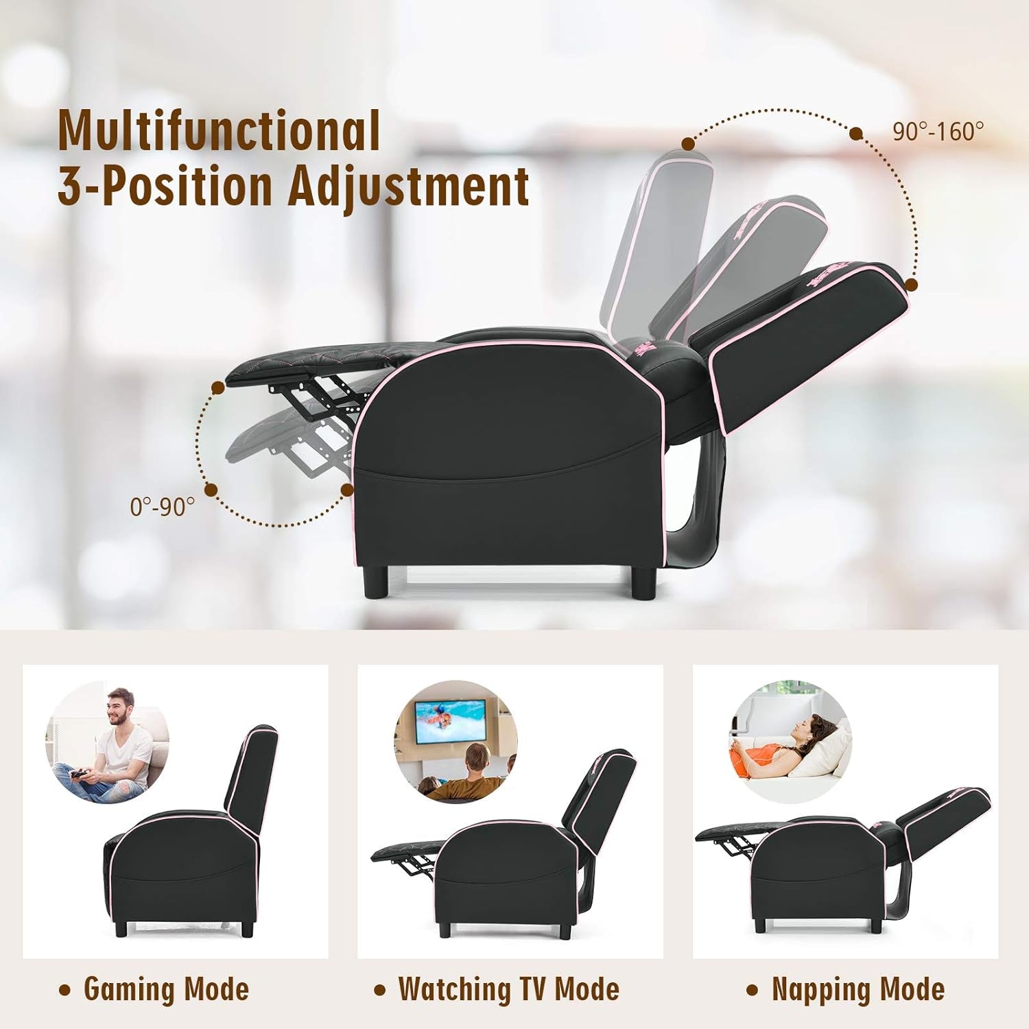Gaming Chair Recliner with Footrest Breathable PU Leather Massage Recliner - Ergonomic Sofa Computer Chair with Lumbar Support Headrest and Side Pouch for Living Room Home Theater,Pink