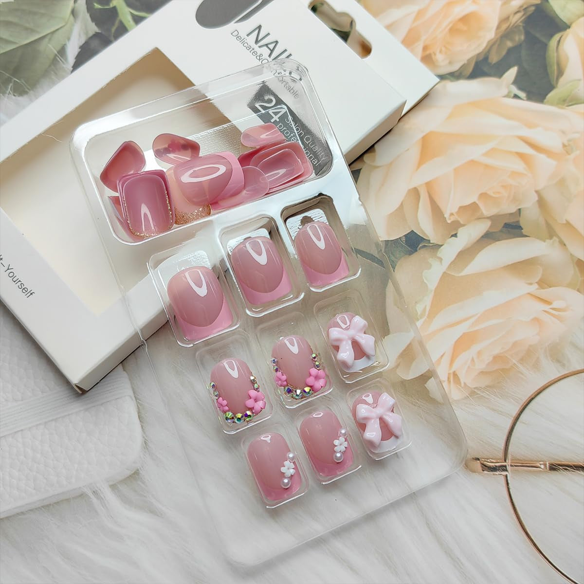 24Pcs Pink Press on Nails Short Square Fake Nails French Tip Press Ons with Flower Bow Charms Design Acrylic False Nails Glitter Rhinestone Glue on Nails Glossy Artificial Stick on Nails Kit for Women