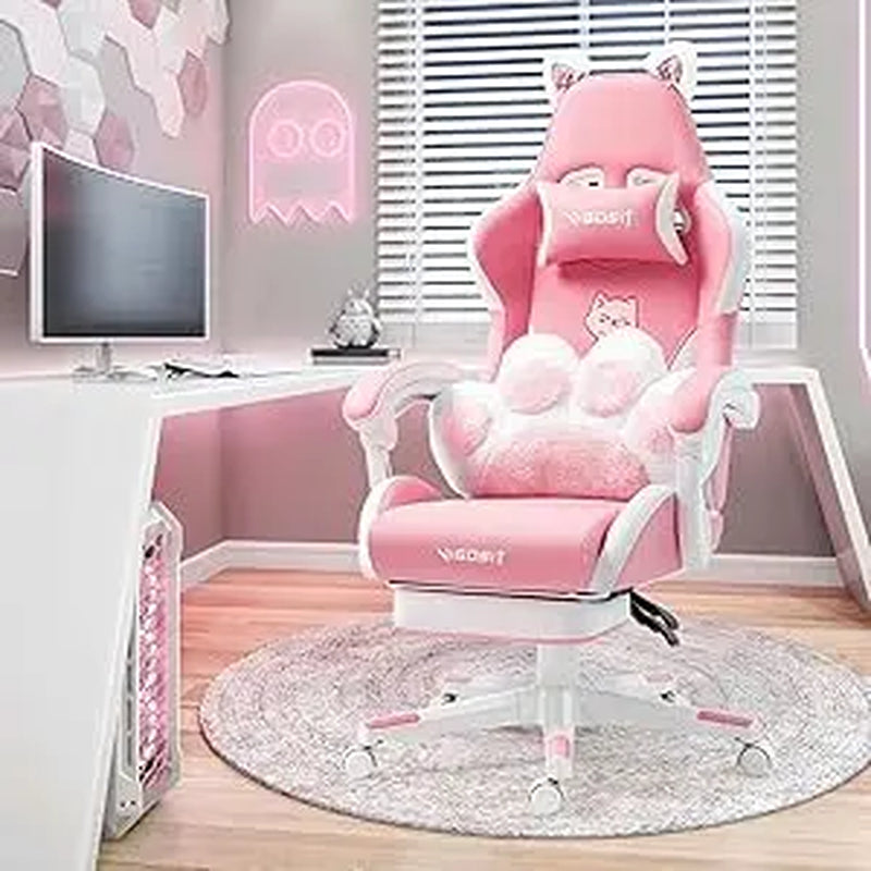 Gaming Chair Cute with Ears and Kawaii Cushion, Ergonomic Computer Game Chair for Girl with Lumbar Support and Footrest, Comfort