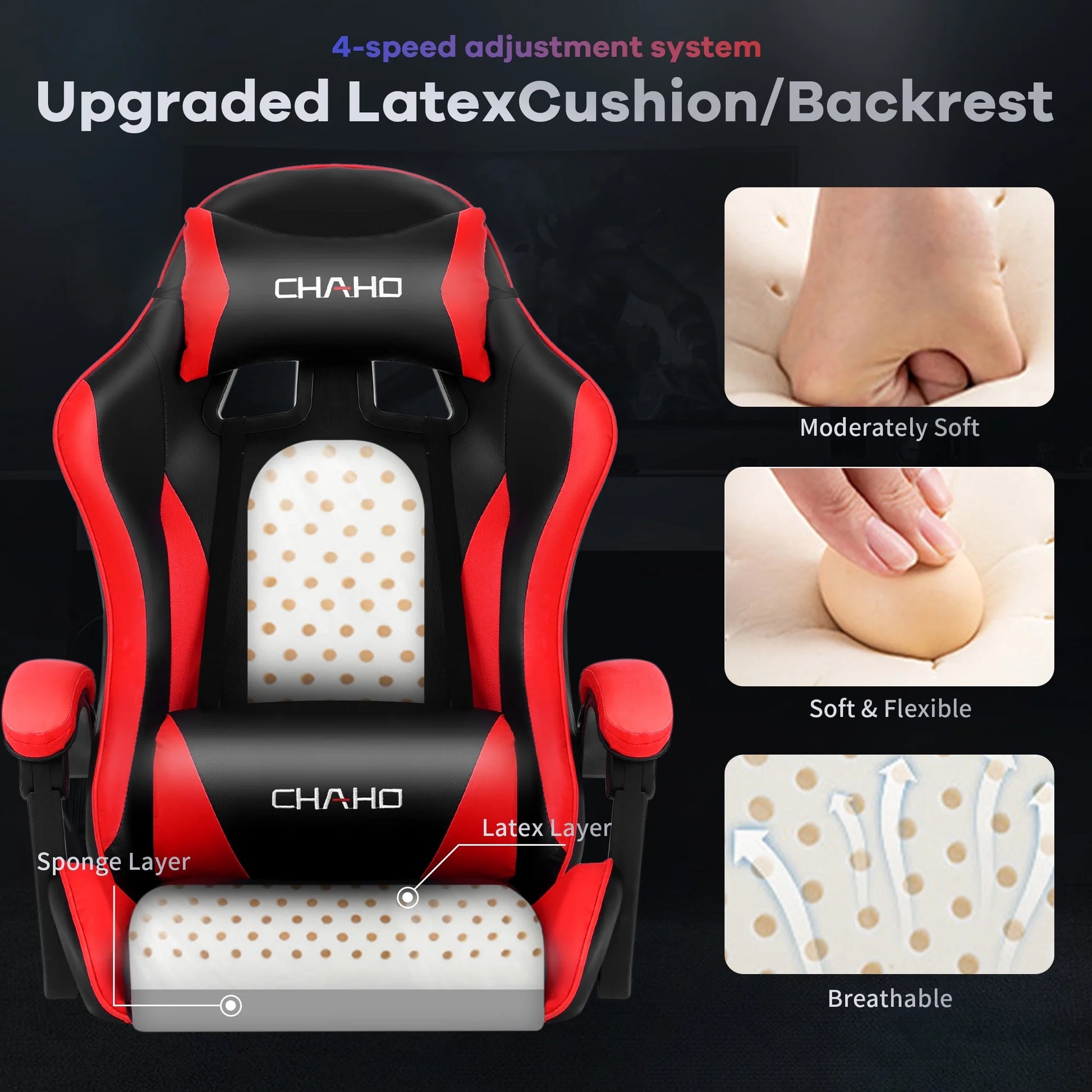 Gaming Chair, CHAHO Ergonomic Office Gaming Chair Computer Racing Chair with Footrest Lumbar Support Headrest and Bluetooth Speakers for Adults, Red
