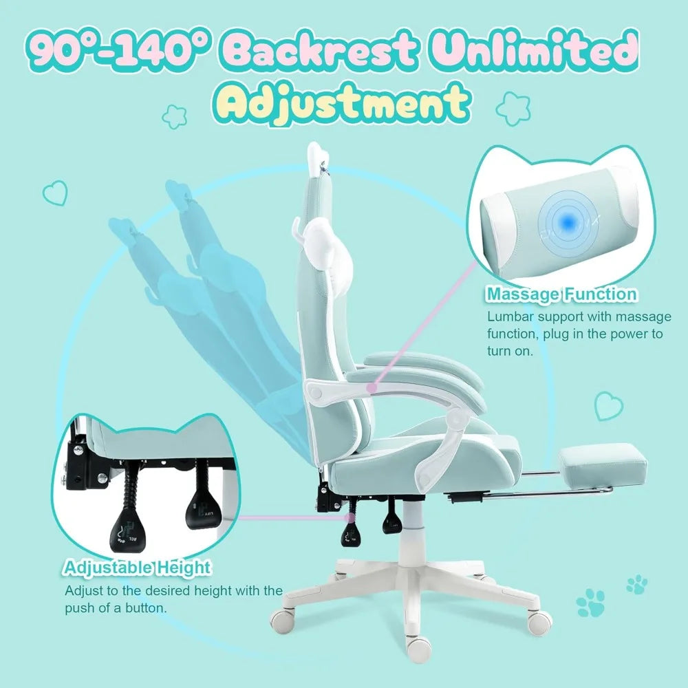Gaming Chair Cute with Cat Ears and Massage Lumbar Support, Ergonomic Computer Chair for Girl with Footrest and Headrest