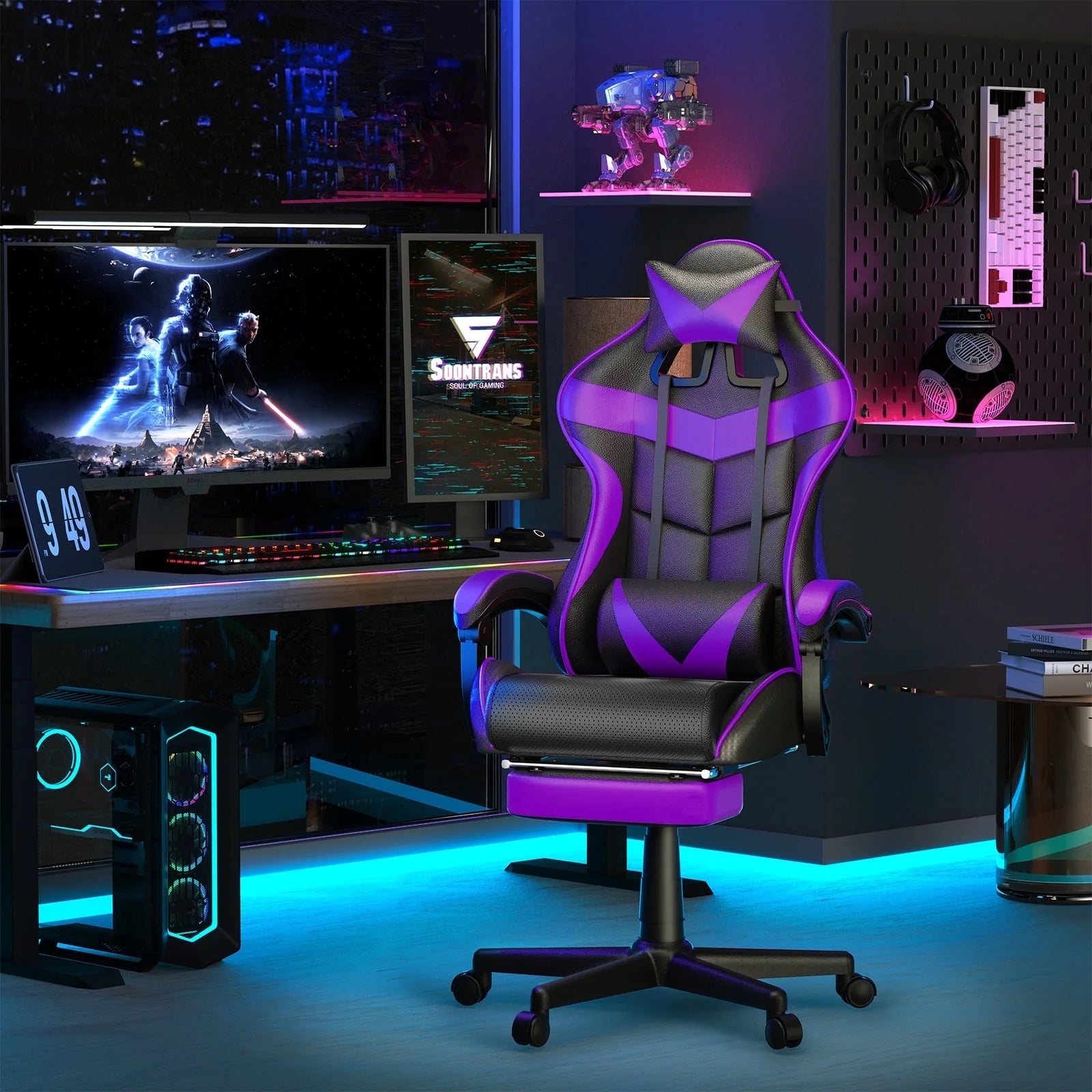 Gaming Chair Office Chair with Footrest, Computer Chair with Massage Lumber Pillow, High Back Ergonomic Gamer Chairs, Swivel Game Desk Chair, Purple