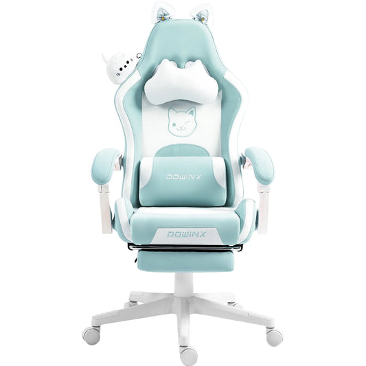 Cute Cat-Ear Gaming Chair with Massaging Lumbar Support, Ergonomic Computer Gaming Chair for Girl and Adults, Reclining Comfort Game Chairs with Footrest, Blue