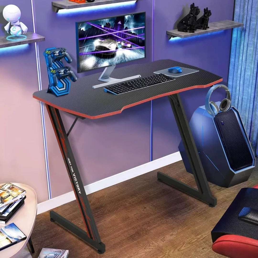 47 Inch Z-Shaped Gaming Desk, PC Computer Table Home Office Desk Ergonomic Gamer Workstation with Headphone Hook, Blue