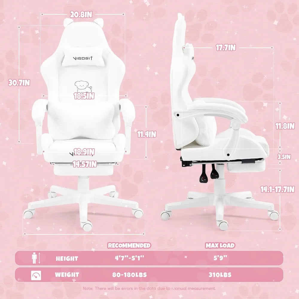 Gaming Chair Cute with Ears and Kawaii Cushion, Ergonomic Computer Game Chair for Girl with Lumbar Support and Footrest, Comfort