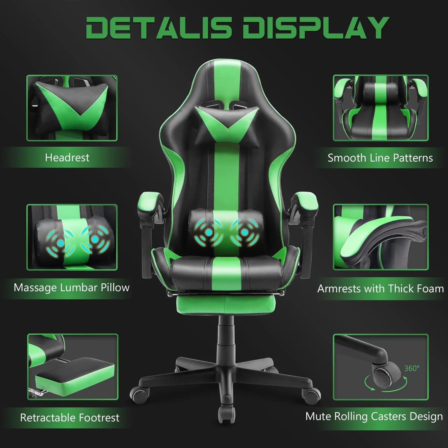 SOONTRANS Ergonomic High Back Gaming Chair with Footrest & Massage Lumbar Pillow, Green