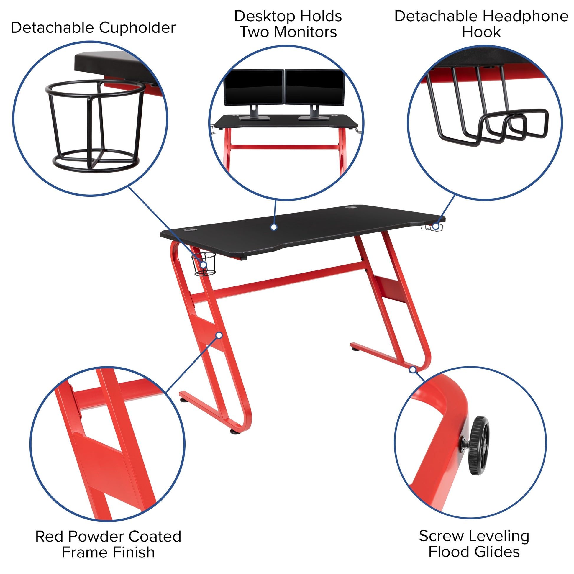Optis Red Gaming Desk and Black Footrest Reclining Gaming Chair Set with Cup Holder and Headphone Hook