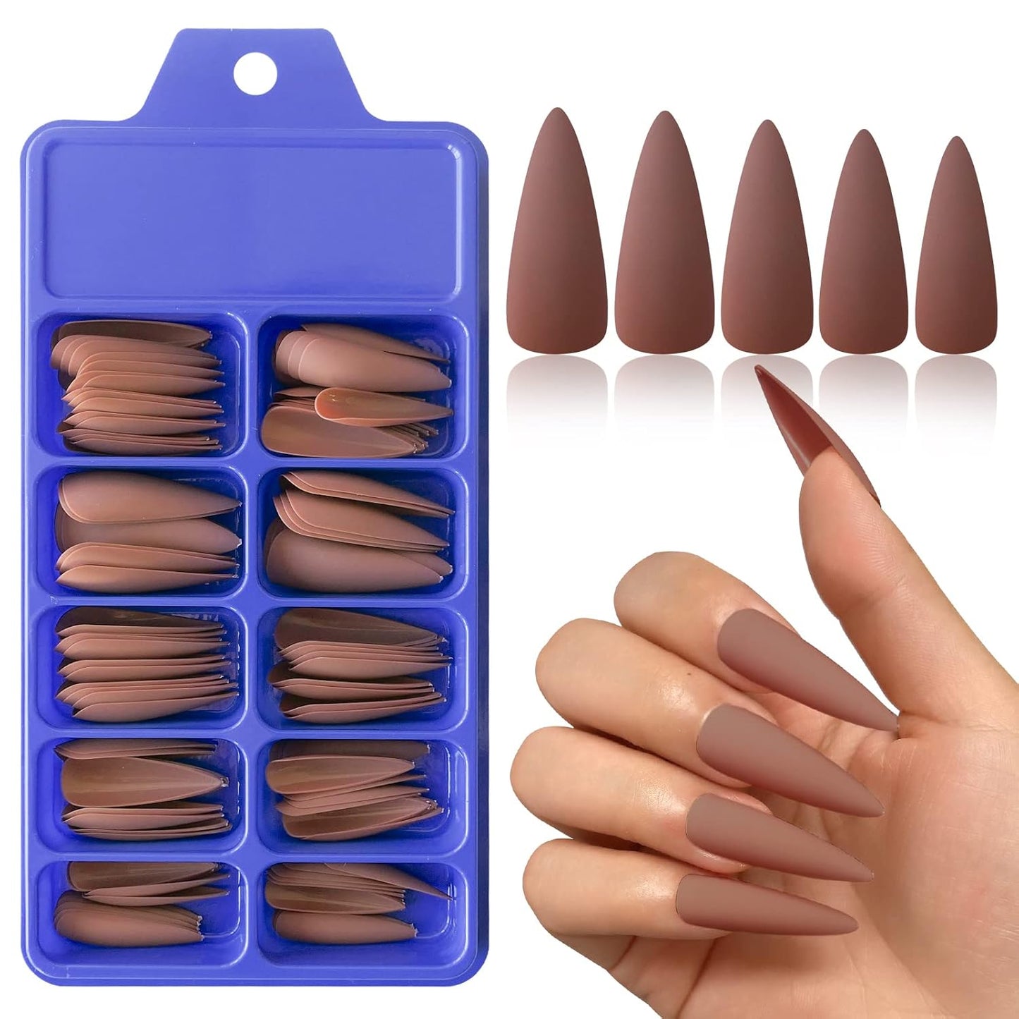 120Pcs Stiletto Press on Nails Long Full Cover Matte Brown Fake Nails Acrylic Pure Colored False Nails for Women and Girls DIY Manicure 10 Sizes