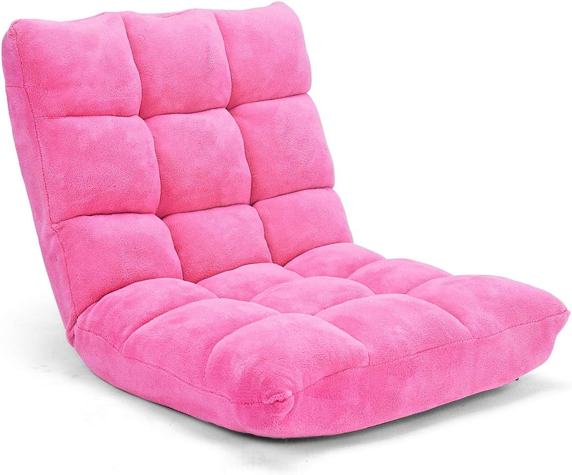 Cushioned Floor Chair, 14-Position Adjustable Padded Lazy Recliner with Comfortable Back Support and Skin-Friendly Cover, Great for Reading, Playing Game, Meditating (Delightful Pink)