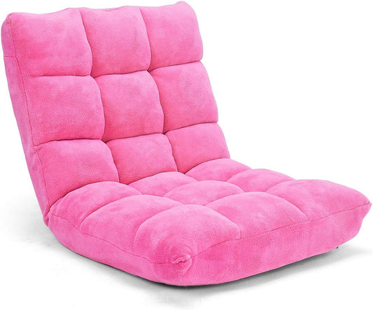 Cushioned Floor Chair, 14-Position Adjustable Padded Lazy Recliner with Comfortable Back Support and Skin-Friendly Cover, Great for Reading, Playing Game, Meditating (Delightful Pink)