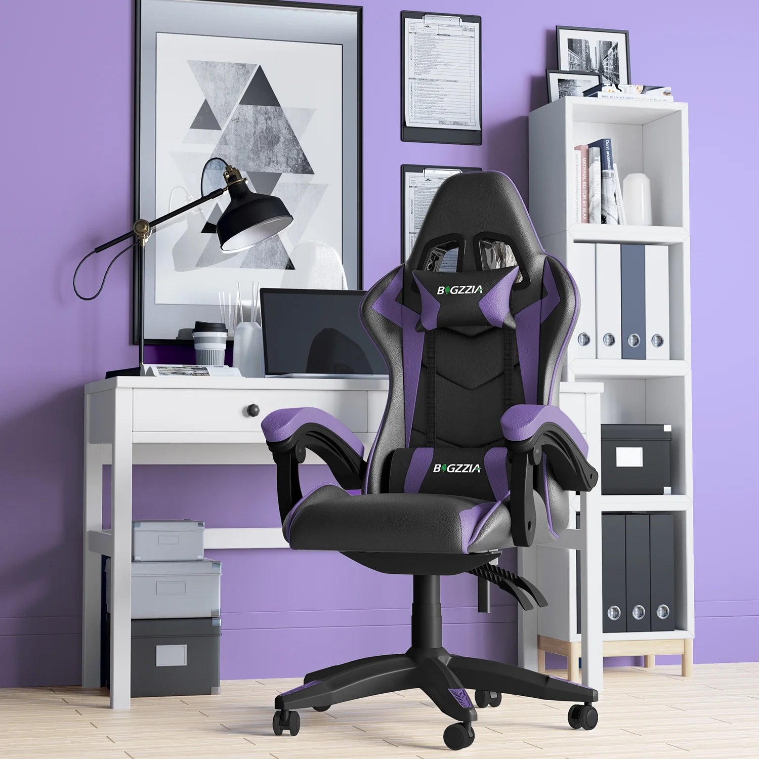 High-Back Gaming Chair PC Office Chair Computer Racing Chair PU Desk Task Chair Ergonomic Executive Swivel Rolling Chair with Lumbar Support for Back Pain Women, Men (Purple)