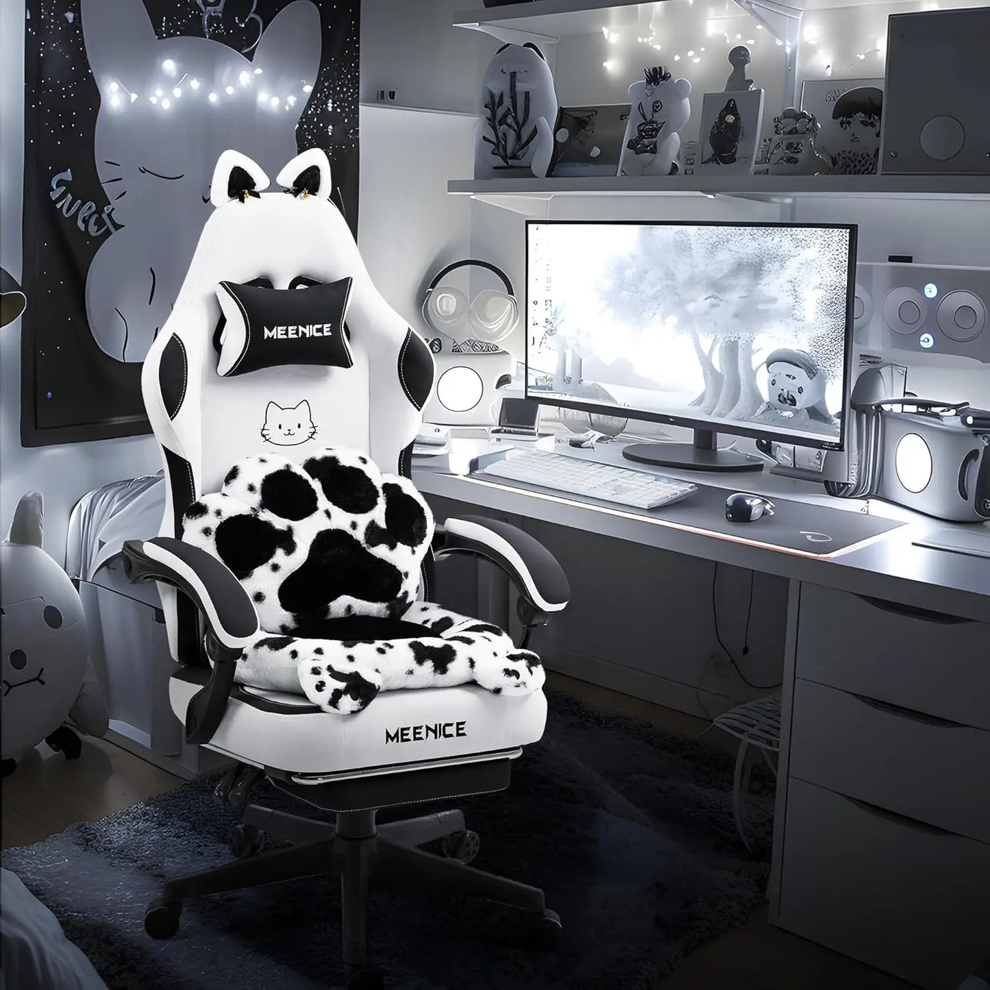 Pink Gaming Chair Cute with Cat Ears Paw Lumbar and Cushion,Ergonomic Computer Chair with Footrest,Reclining PC Game Chair