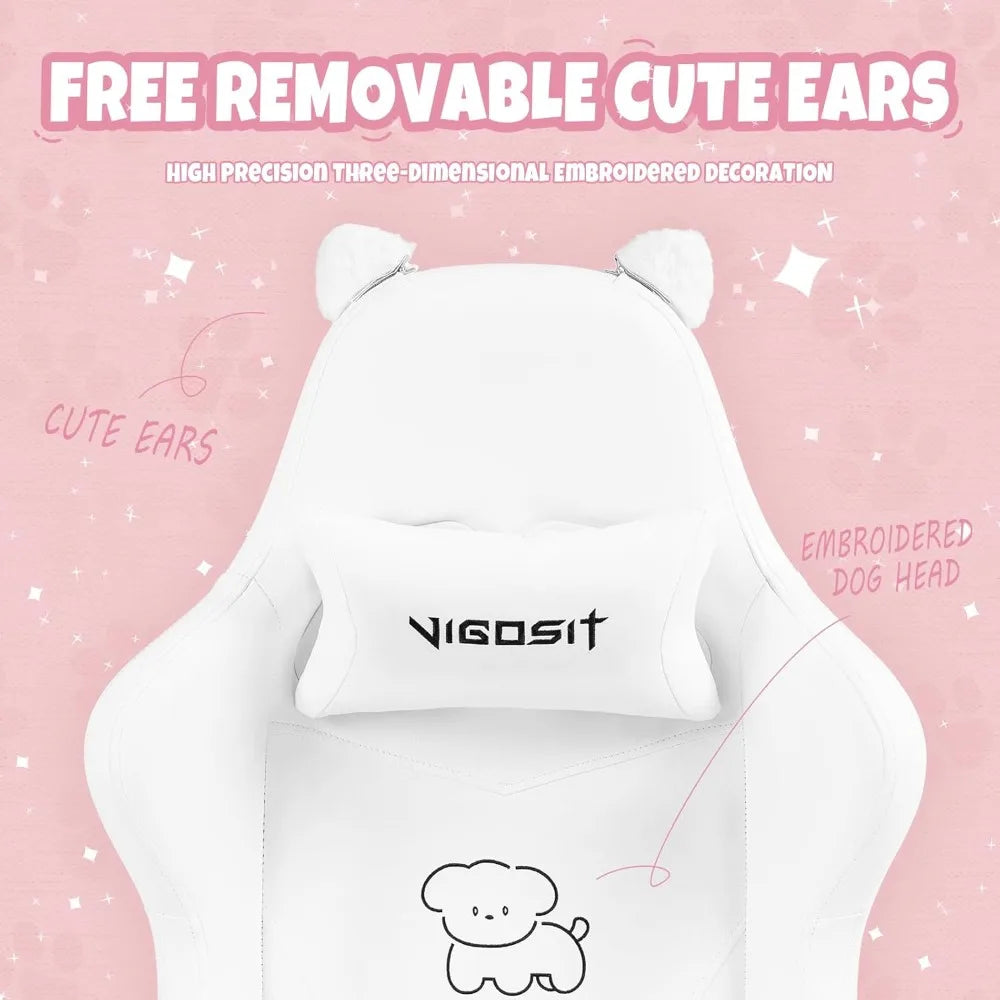Gaming Chair Cute with Ears and Kawaii Cushion, Ergonomic Computer Game Chair for Girl with Lumbar Support and Footrest, Comfort