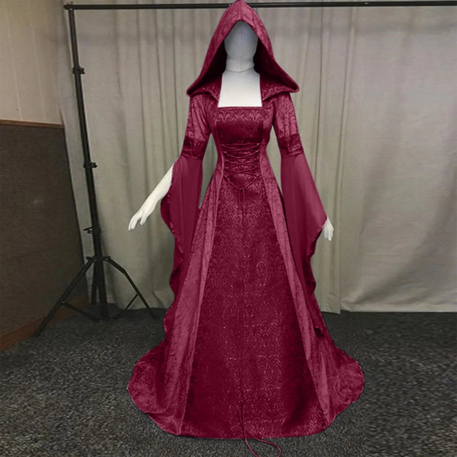 Women'S Hooded Gothic Dres Long Sleeve Hooded a Line Tiered Midi Dress Gothic Dresses for Ladies Lace Bow Tie Gothic Dress Floor Length Cosplay Dress Red M