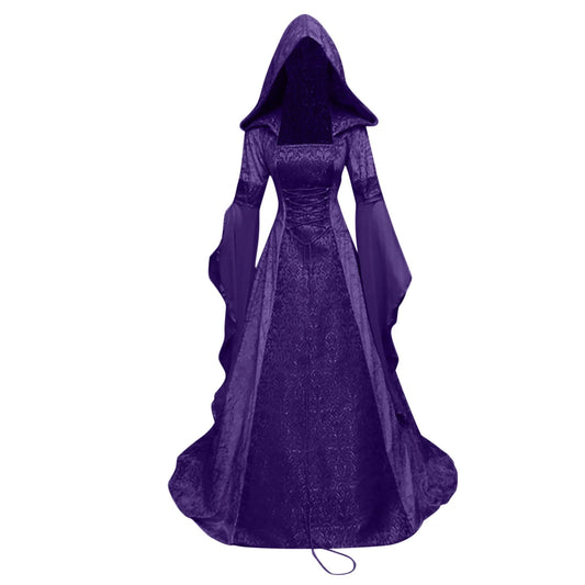 Womens Gothic Hooded Dress Long Sleeve Medieval Renaissance Costume Corset Dresses Lace up Vintage Ball Gown Maxi Dress Vintage Retro Wedding Gown Tunic Witch Cloak Purple L