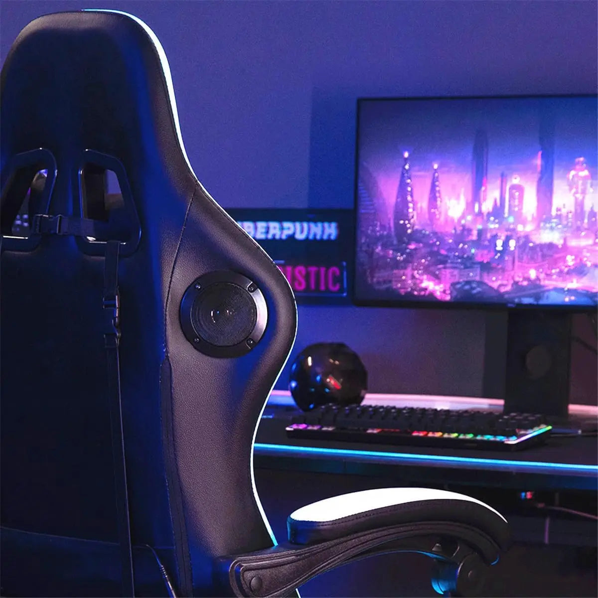 Gaming Chair Massage with Bluetooth Speakers and Led Lights Ergonomic Computer Gaming Chair with Footrest RGB Video Game