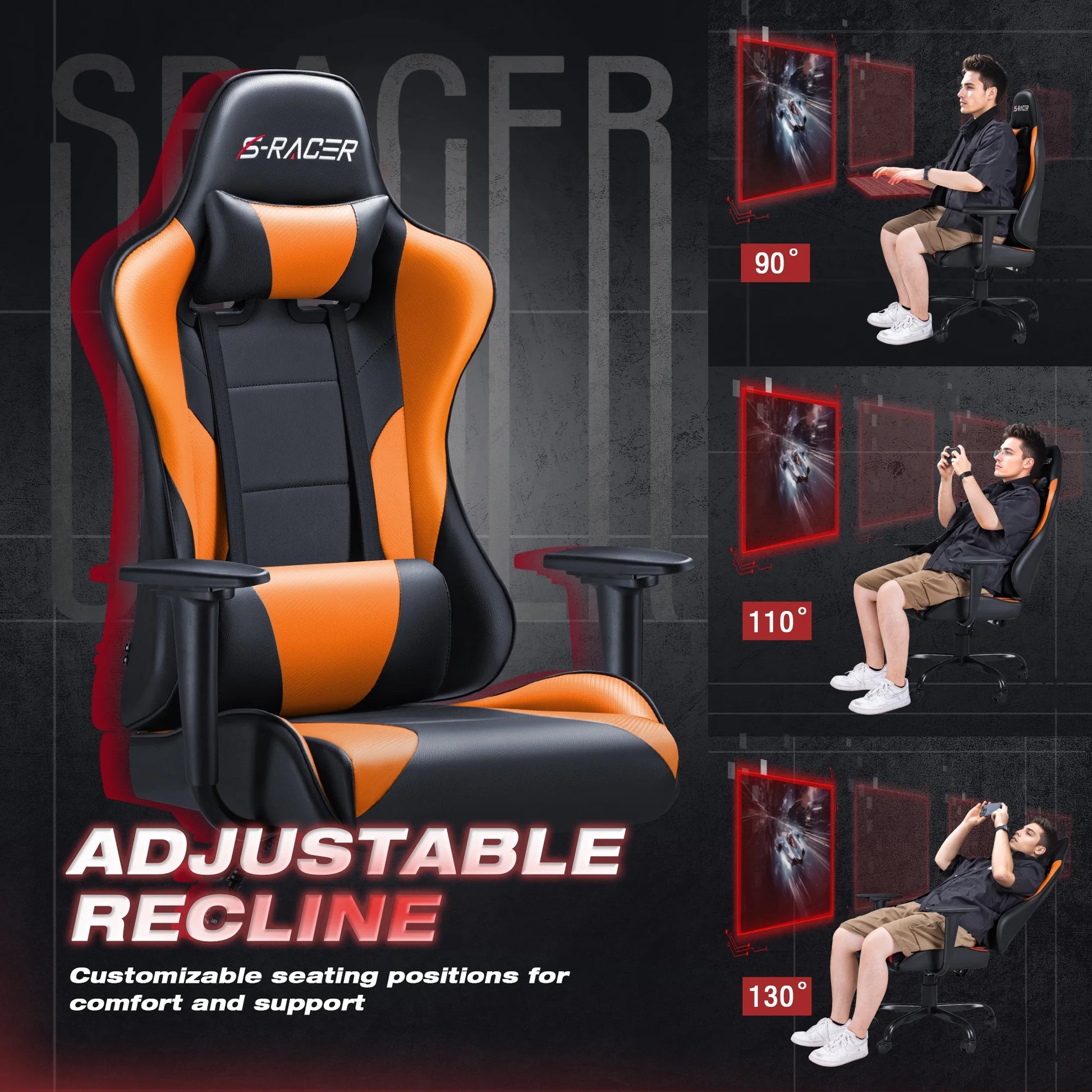Gaming Chair Office Chair High Back Racing Computer Chair PU Leather Adjustable Seat Height Swivel Chair Ergonomic Executive Chair with Headrest, Orange