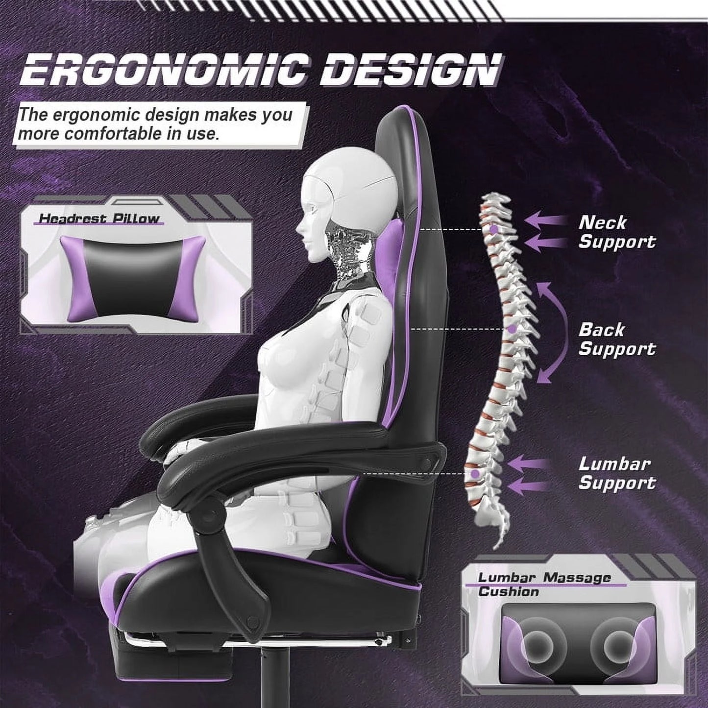 Furmax High Back Massage Gaming Chair with Footrest PU Leather Racing Computer Chair with Lumbar Support Ergonomic Office Chairs, Purple