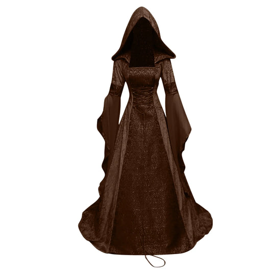 Womens Gothic Hooded Dress Long Sleeve Medieval Renaissance Costume Corset Dresses Lace up Vintage Ball Gown Maxi Dress Vintage Retro Wedding Gown Tunic Witch Cloak Coffee XL