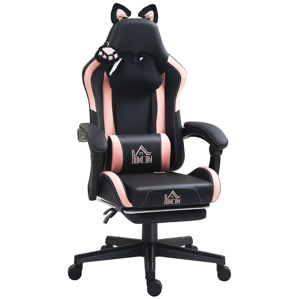Faux Leather Cat Ear, Pillow, Adjustable Height, Tilt Gaming Chair in Black and Pink