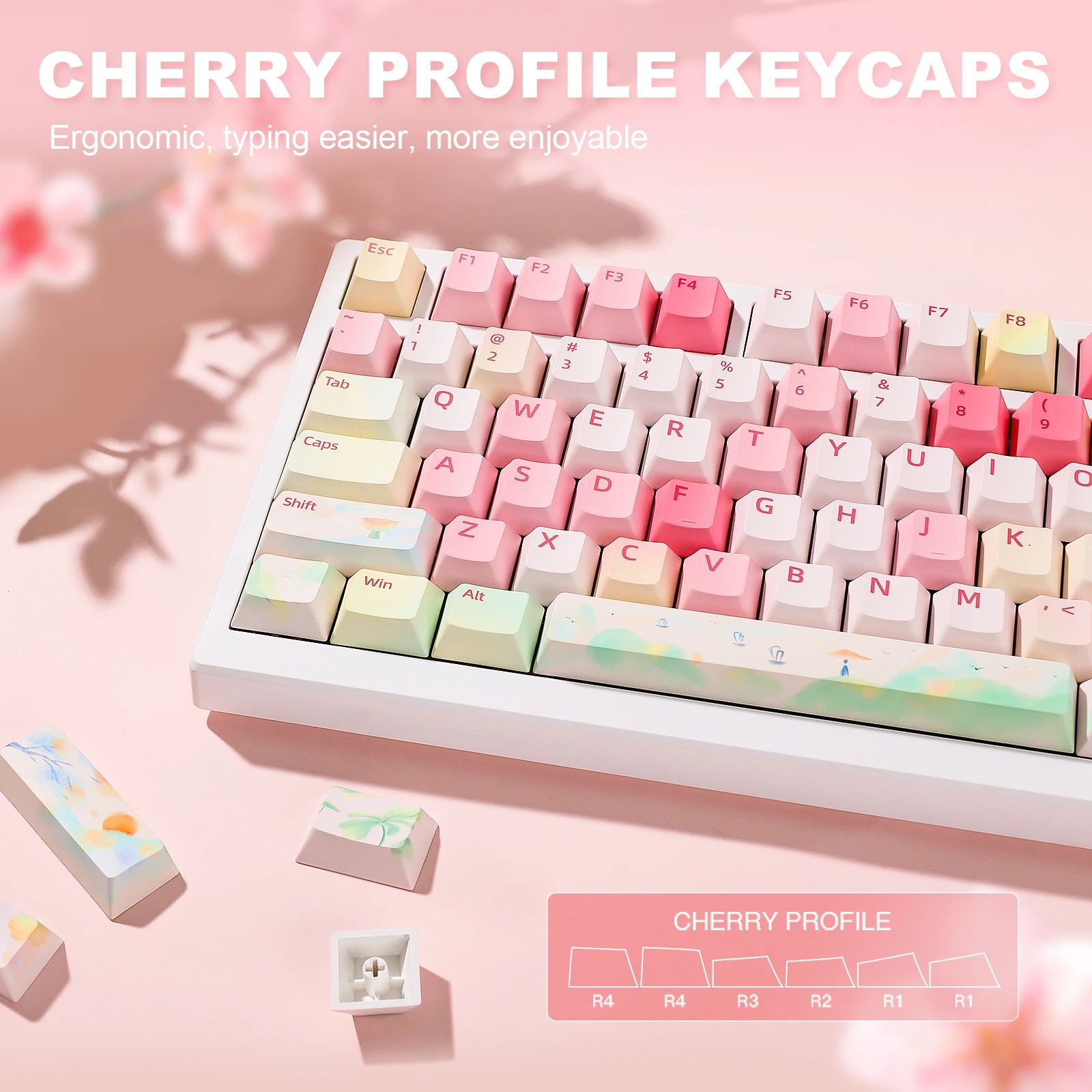 Spring Garden Keycaps, 142 Keys PBT Dye-Sublimation Custom Custom Keycap Set for Gateron MX Mechanical Gaming Keyboard