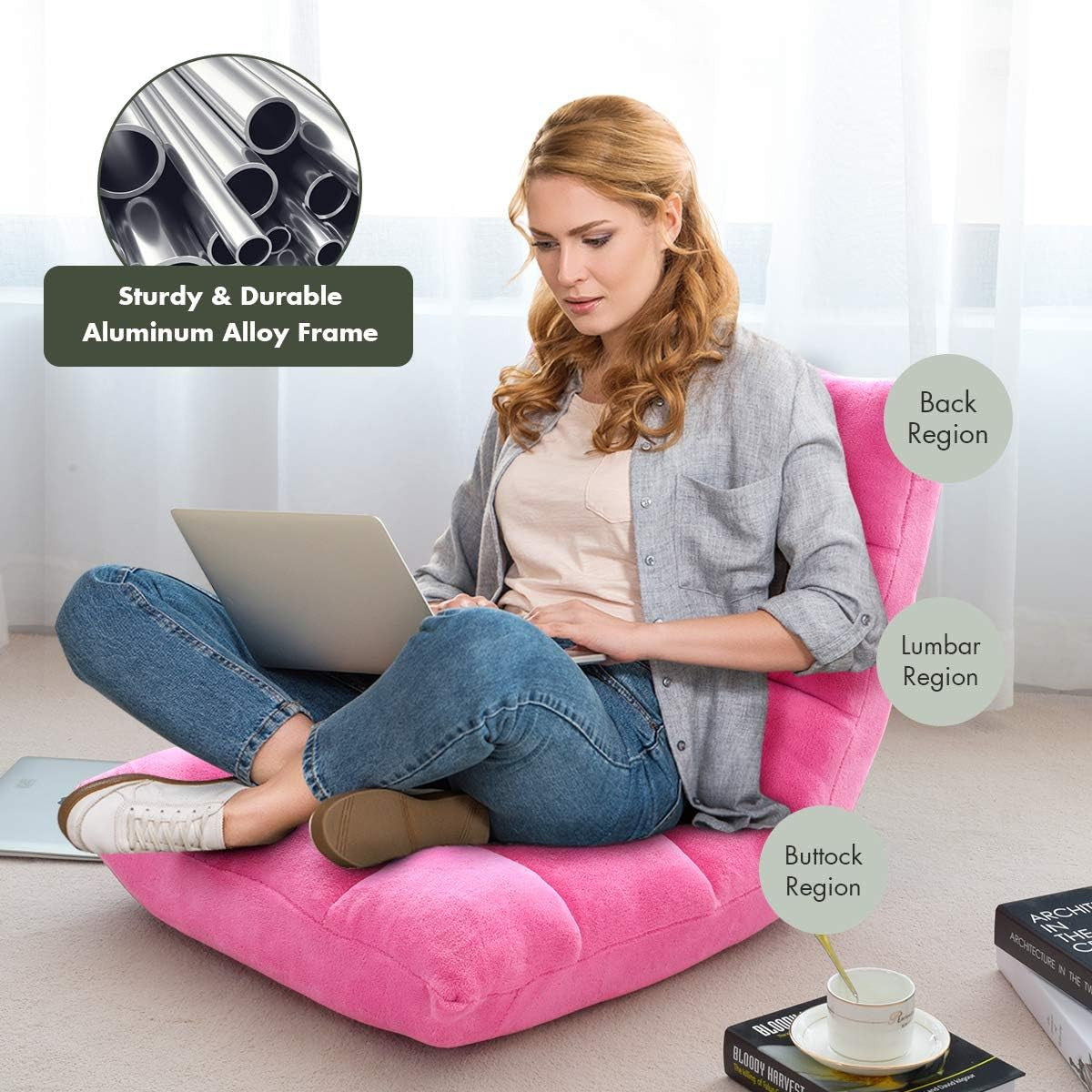 Cushioned Floor Chair, 14-Position Adjustable Padded Lazy Recliner with Comfortable Back Support and Skin-Friendly Cover, Great for Reading, Playing Game, Meditating (Delightful Pink)