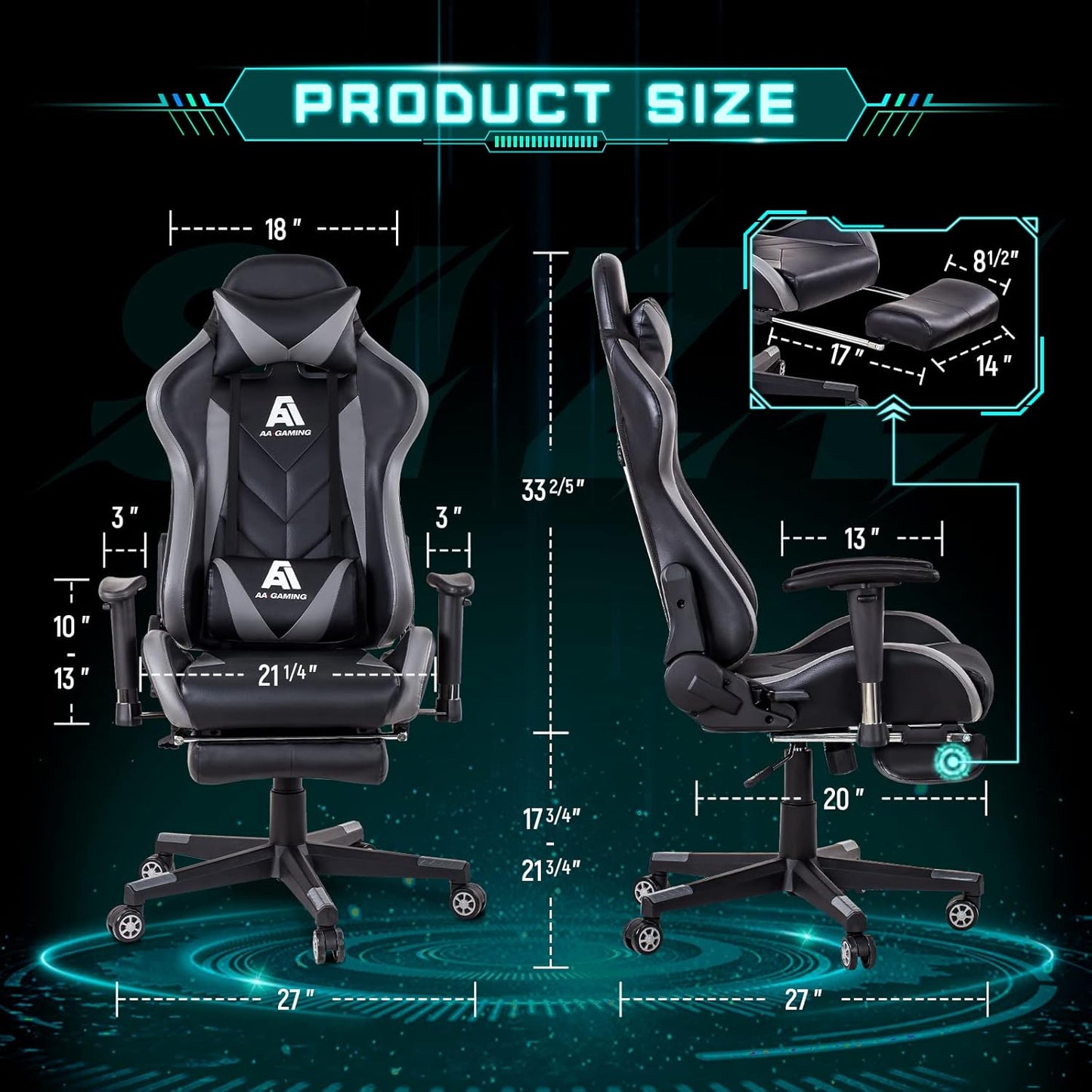 AA Products Gaming Chair High Back Ergonomic Computer Racing Chair Adjustable Office Chair with Footrest, Lumbar Support Swivel Chair - Grey