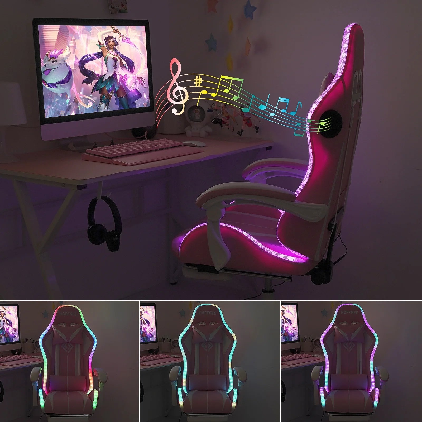 Gaming Chair with Bluetooth Speakers and Footrest Massage Office Chair with LED Lights Ergonomic Game Chair High Back with Lumbar Support and Headrest Adjustable Swivel for Adults 300Lb
