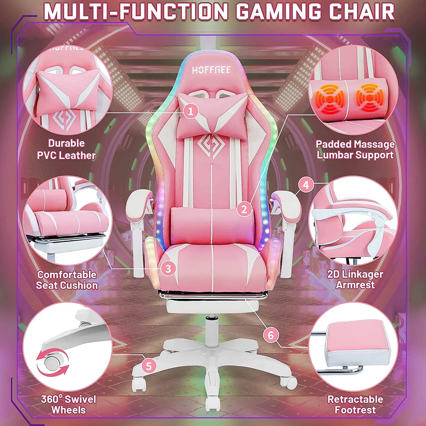 Gaming Chair with Bluetooth Speakers and Footrest Massage Office Chair with LED Lights Ergonomic Game Chair High Back with Lumbar Support and Headrest Adjustable Swivel for Adults 300Lb
