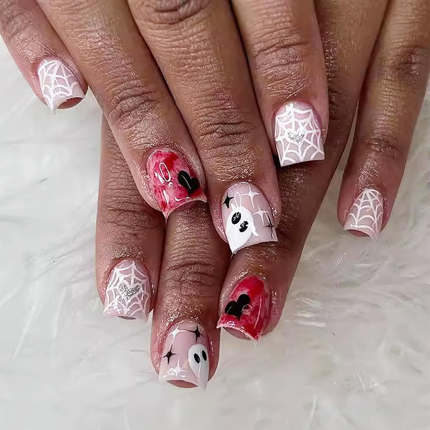 24Pcs Pink Press on Nails Short Square Fake Nails French Tip Press Ons with Flower Bow Charms Design Acrylic False Nails Glitter Rhinestone Glue on Nails Glossy Artificial Stick on Nails Kit for Women