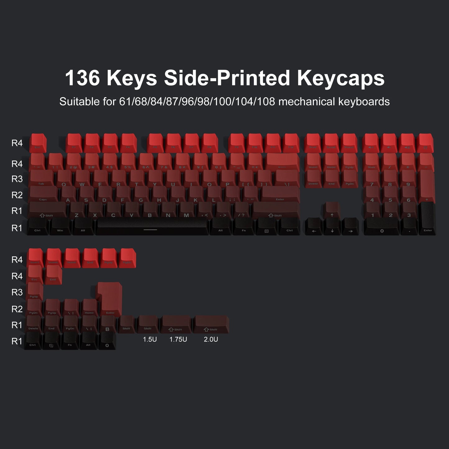 134 Key Black Topographic 4.0 PBT Keycaps Double Shot Side Print Shine through Backlit Key Caps for MX Gamer Mechanical Keyboard