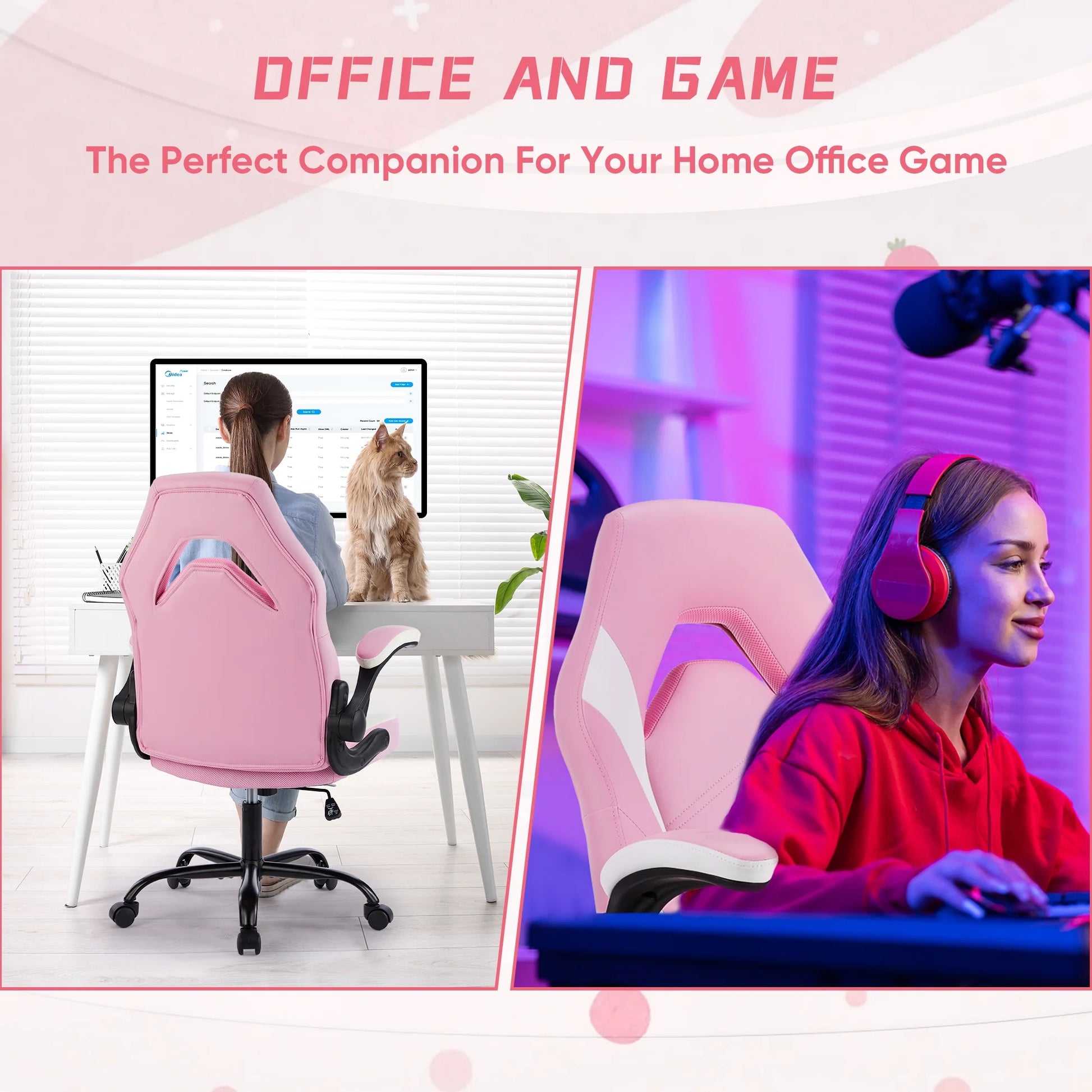 Computer Gaming Desk Chair - Ergonomic Office Executive Adjustable Swivel Task PU Leather Racing Chair with Flip-Up Armrest, Pink White