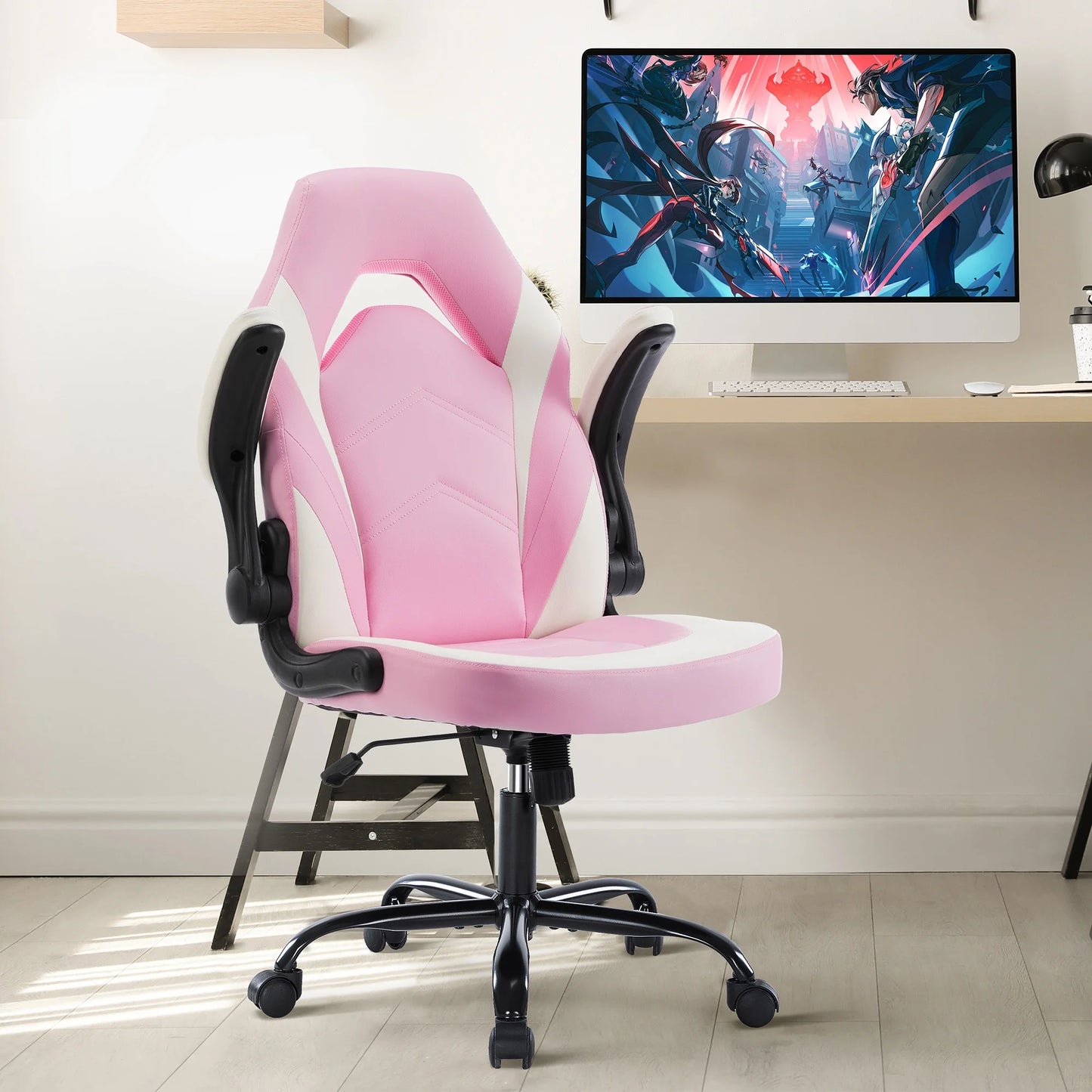 GIANNA Computer Gaming Chair, Ergonomic PU Leather Racing Chair with Flip-Up Armrest, Black Grey