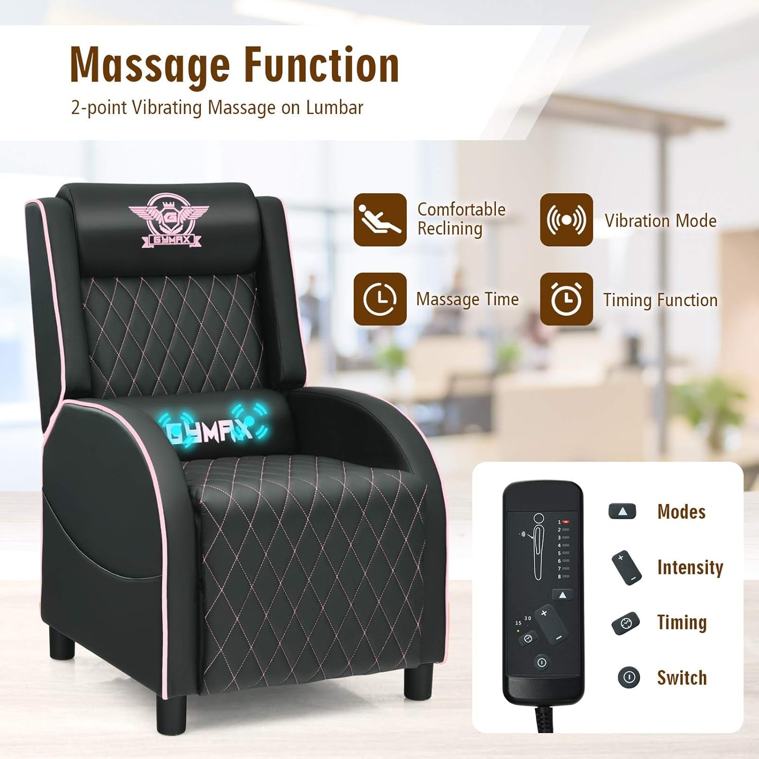 Gaming Chair Recliner with Footrest Breathable PU Leather Massage Recliner - Ergonomic Sofa Computer Chair with Lumbar Support Headrest and Side Pouch for Living Room Home Theater,Pink