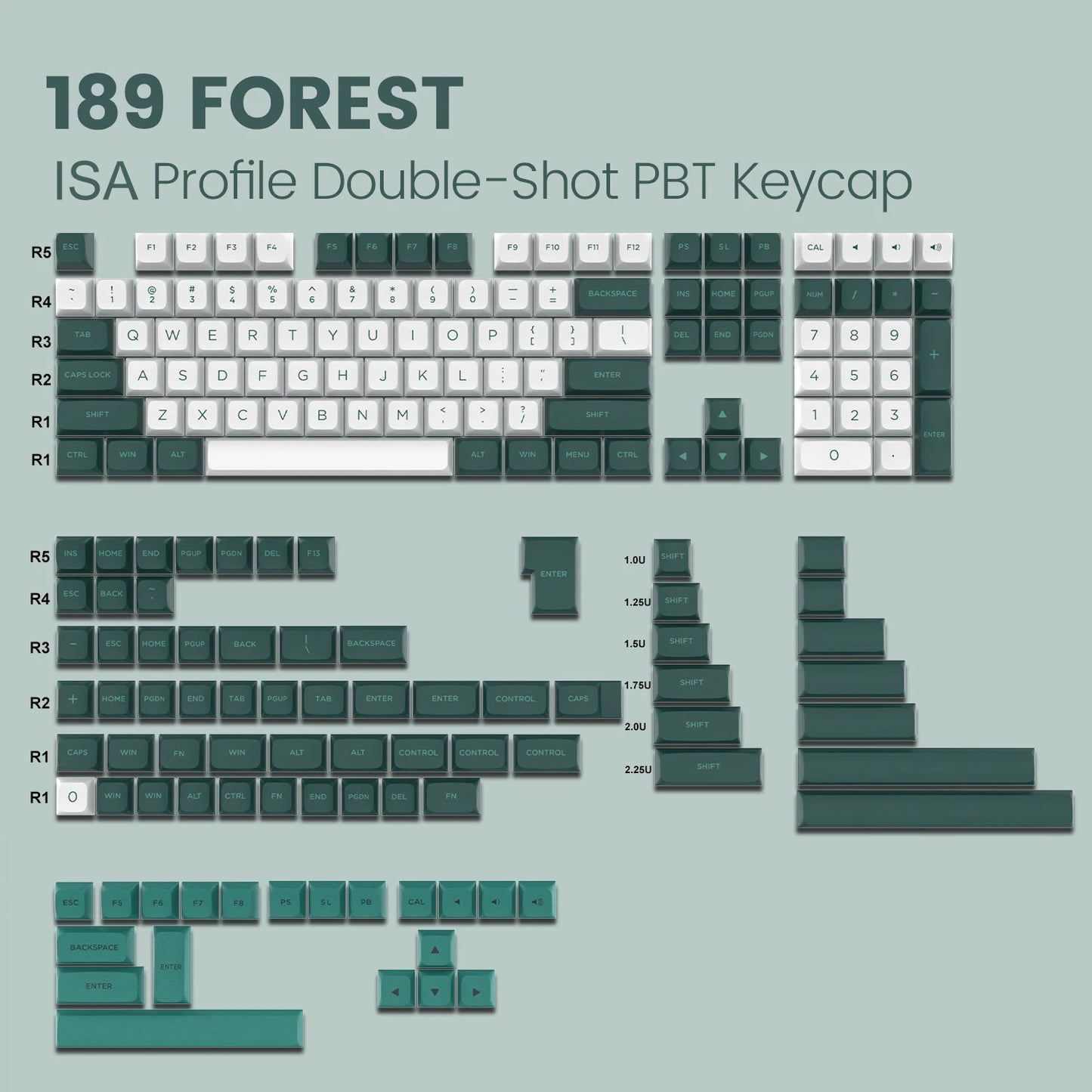 189 Key PBT Keycap Double-Shot Green White ISA Keycaps Kit Backlit Key Cap Cherry MX for Wireless Mechanical Gaming Keyboards