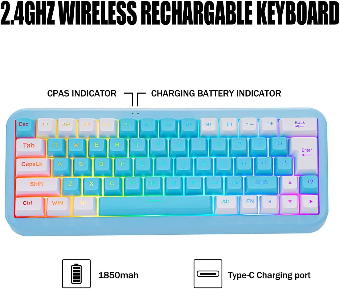 7KEYS 60% 2.4G Wireless Gaming Keyboard with Wrist Rest, Compact 63 Keys Mini RGB Light up Keyboard for PC Mac Laptop, Portable, Rechargeable Quiet for Typing and Gaming (Blue&White)